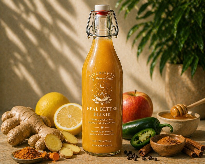 Heal Better Elixir by Nourished by Mama Earth — golden wellness shot with ginger, turmeric, lemon, honey, and jalapeño
